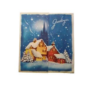 Christmas Greeting Card Vintage Mid Century Modern Snow Covered Home Moon Stars